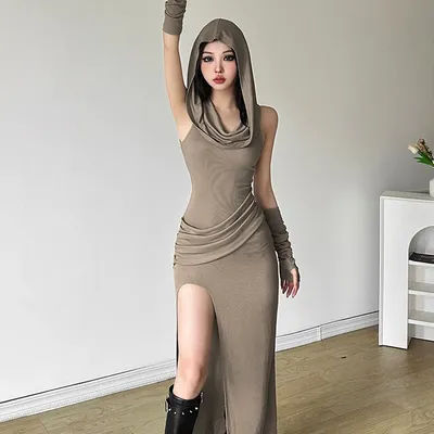 Robe en fibre fendue à capuche pour femme, coupe couvertes, taille haute, couleur unie, nouvelle mode, été
