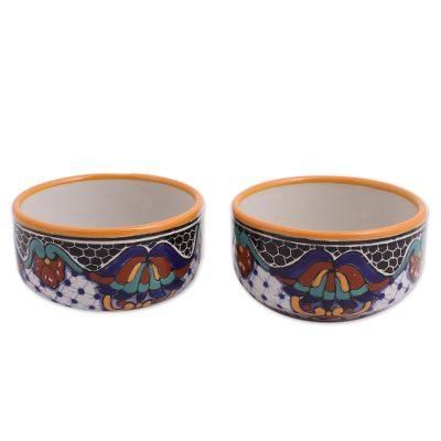 Zacatlan Flowers,'Hand-Painted Ceramic Bowls from Mexico (Pair)'