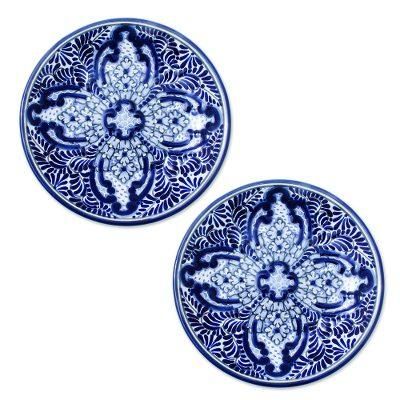 Puebla Kaleidoscope,'2 Blue and White Talavera Style Ceramic Luncheon Plates'