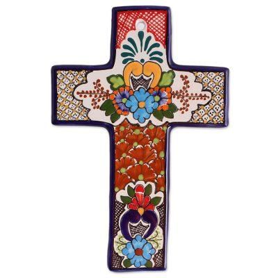 'Colorful Talavera-Style Ceramic Wall Cross from Mexico'