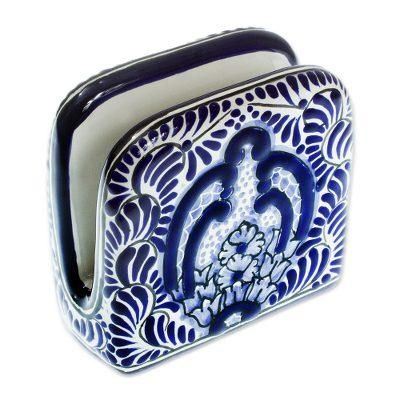Puebla Kaleidoscope,'Blue and White Talavera Style Ceramic Napkin Holder'