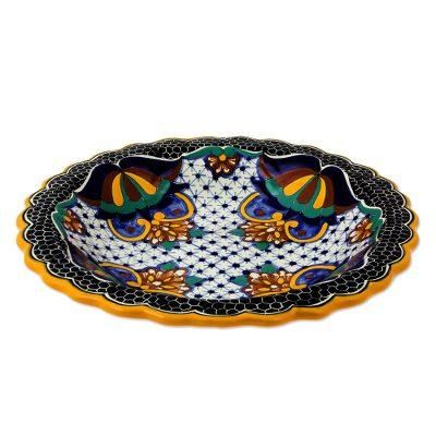 Zacatlan Sunflower,'Artisan Crafted Ceramic 13 inch Floral Serving Bowl'