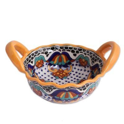Zacatlan Flowers,'Talavera Style Ceramic Serving Bowl from Mexico'