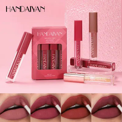 HANDAIYAN 4 Matte Velvet Lip Glaze Set Easy Color Long Lasting Waterproof Sweatproof Non-Stick Lip Glaze Set
