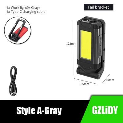 USB Rechargeable COB Work Light: Super Bright LED Flashlight For Camping, Waterproof & Portable With Tail Magnet Adjus A Gray