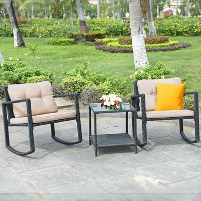 3 Piece Cushioned Patio Rattan Set With Rocking Chair & Glass Table Outdoor Indoor Use 3 Piece Cushioned Patio Rattan Set With Rocking Chair & Glass Table Outdoor Indoor Use