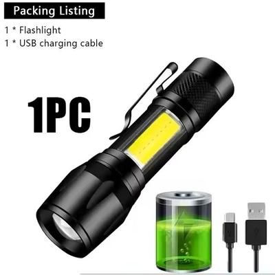 Mini LED Flashlight With COB+XPE USB Rechargeable, Zoomable Focus, Tactical Design With Pen Clip 1pc