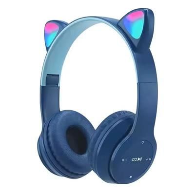 Wireless Bluetooth Headphones Cat Ears LED Light Stereo Headset With Mic dark Blue