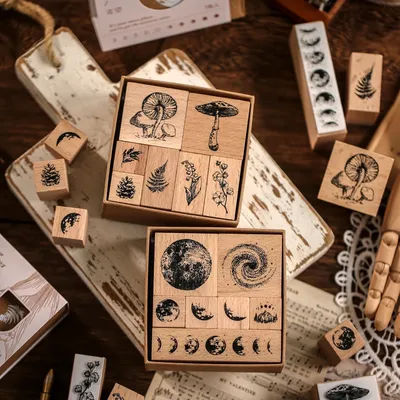 Yoofun 7 pièces/ensemble plantes Vintage Phases de la lune tampon en bois Standard tampons en caoutchouc en bois pour Scrapbooking papeterie bricolage artisanat