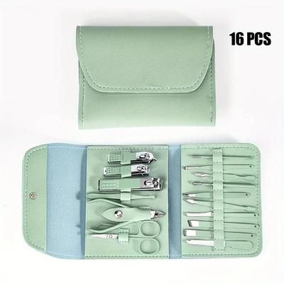16pcs Professional Nail Clippers And Cuticle Nippers Set With Travel Case green