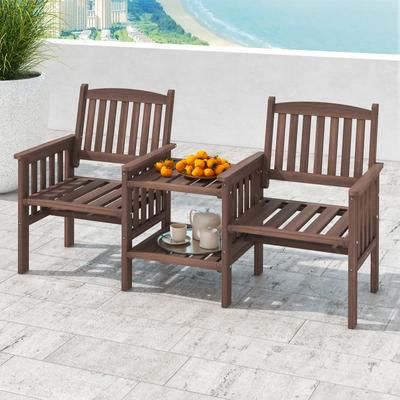 Outdoor Fir Wood Loveseat With 2 Tier Side Table & Umbrella Hole, Patio Bench With Central Coffee Table For Garden Outdoor Fir Wood Loveseat With 2 Tier Side Table & Umbrella Hole, Patio Bench With Central Coffee Table For Garden