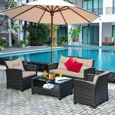 4 Piece Outdoor Rattan Furniture Set With Glass Table, Patio Sofa & Loveseat 4 Piece Outdoor Rattan Furniture Set With Glass Table, Patio Sofa & Loveseat