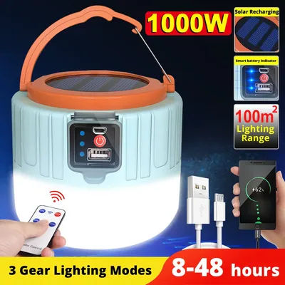 Portable Camping Light With Remote Control Solar USB Rechargeable LED Lantern Waterproof Outdoor Tent Light & Flashlight solarcharge Blue