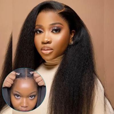 Kinky Straight Glueless Lace Wig Human Hair Pre Cut 4x4 Closure 32inches 4x4 Glueless Wig 180%