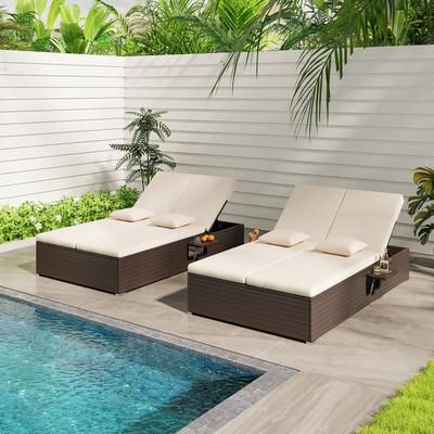 Patio Double Chaise Lounge With Cushions & Folding Side Trays, Adjustable Backrest For Two Patio Double Chaise Lounge With Cushions & Folding Side Trays, Adjustable Backrest For Two
