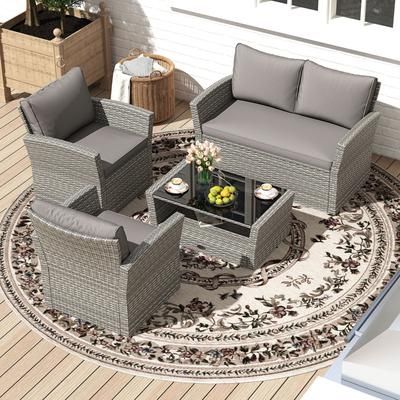 4 Piece Patio Rattan Furniture Set With Sofa Table, Storage Shelf & Cushion, All Weather Outdoor Seating 4 Piece Patio Rattan Furniture Set With Sofa Table, Storage Shelf & Cushion, All Weather Outdoor Seating