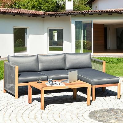 3 Pieces Patio Acacia Wood Sofa Furniture Set With Nylon Rope Armrest, Outdoor Sectional Seating With Cushions & Coffee 3 Pieces Patio Acacia Wood Sofa Furniture Set With Nylon Rope Armrest, Outdoor Sectional Seating With Cushions & Coffee