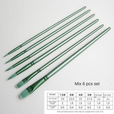 Watercolor Brush Pointed Round Flat Head Soft Hair Set, Ergonomic Nylon Brushes For Beginner's Art Student Hand Drawn green Mixed Head 6pc