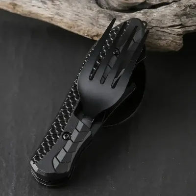 Camping Folding Knife Spoon Fork Multi Tool, Stainless Steel Outdoor Utensil Set With Comfortable Grip & Bottle Opener Camping Folding Knife Spoon Fork Multi Tool, Stainless Steel Outdoor Utensil Set With Comfortable Grip & Bottle Opener