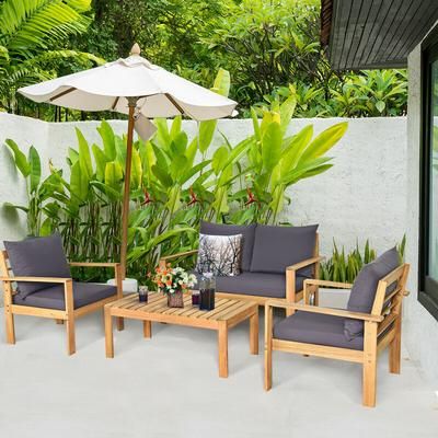 Outdoor 4 Piece Acacia Wood Chat Set With Water Resistant Cushions, Patio Conversation Sofa & Coffee Table Outdoor 4 Piece Acacia Wood Chat Set With Water Resistant Cushions, Patio Conversation Sofa & Coffee Table