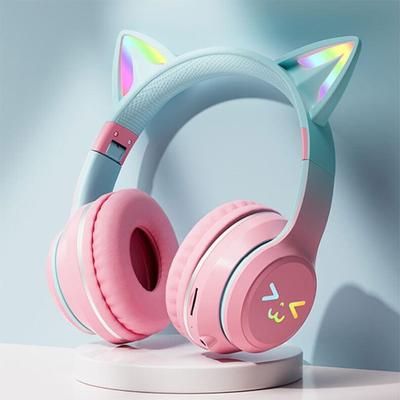 Wireless Cat Ear Headphones Bluetooth RGB Glow, Gaming Headset With Cable, Original Earphones For Smartphone PC Sport pink