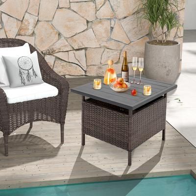 Patio Square Wicker Side Table With Umbrella Hole Outdoor Coffee Table For Yard, Garden & Poolside Patio Square Wicker Side Table With Umbrella Hole Outdoor Coffee Table For Yard, Garden & Poolside
