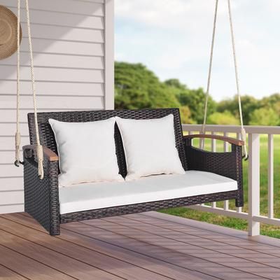 2 Person Patio Rattan Porch Swing, 800 Lb Capacity Outdoor Swing With Cushions & Acacia Wood Armrests 2 Person Patio Rattan Porch Swing, 800 Lb Capacity Outdoor Swing With Cushions & Acacia Wood Armrests