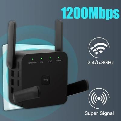 Dual Band WiFi Repeater 5GHz 2.4GHz 1200Mbps Long Range WiFi Extender & Signal Booster black