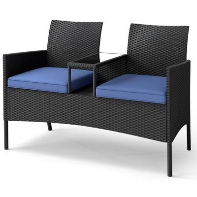 All Weather Patio Loveseat With Built in Coffee Table, Wicker 2 Seater Bench For Backyard, Porch, Garden & Poolside All Weather Patio Loveseat With Built in Coffee Table, Wicker 2 Seater Bench For Backyard, Porch, Garden & Poolside