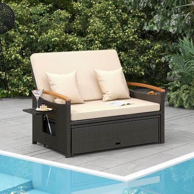 Outdoor Wicker Daybed With Folding Panels & Storage Ottoman 3 in 1 Patio Loveseat & Adjustable Lounge Bed Outdoor Wicker Daybed With Folding Panels & Storage Ottoman 3 in 1 Patio Loveseat & Adjustable Lounge Bed