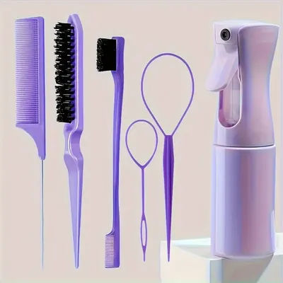 Professional Hair Brush Set Salon Hair Brush Kit For Women With Spray Bottle & Edge Control Comb purple