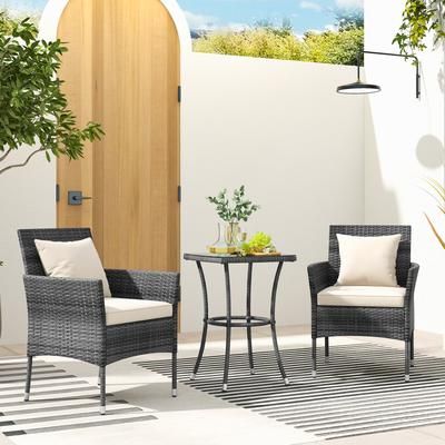 3 Piece Patio Furniture Set With Cushioned Chairs & Tempered Glass Coffee Table Outdoor Dining Set 3 Piece Patio Furniture Set With Cushioned Chairs & Tempered Glass Coffee Table Outdoor Dining Set