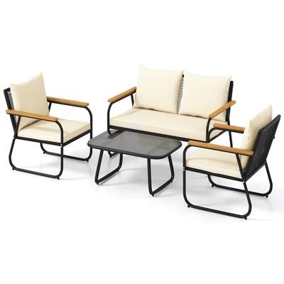 Outdoor Patio Furniture Set With Tempered Glass Table, PE Rattan Sofa Set With Loveseat, Armchairs & Removable Cushions Outdoor Patio Furniture Set With Tempered Glass Table, PE Rattan Sofa Set With Loveseat, Armchairs & Removable Cushions