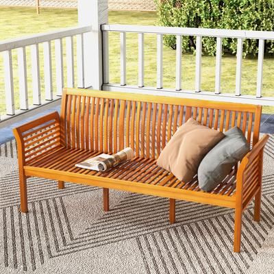 62.5 Inches Patio 3 Seat Wood Bench With Soft Seat Cushions Premium Acacia Outdoor Bench For Backyard & Garden 62.5 Inches Patio 3 Seat Wood Bench With Soft Seat Cushions Premium Acacia Outdoor Bench For Backyard & Garden