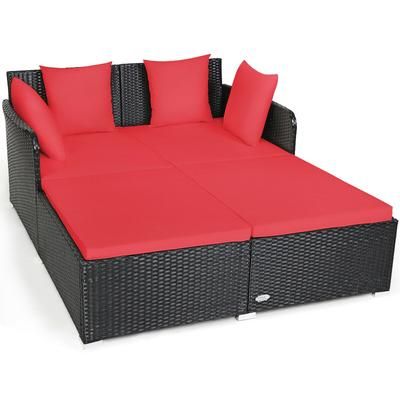 Luxury Red Outdoor Rattan Daybed With Cushions & Pillows, Spacious Patio Lounge Sofa For Backyard, & Poolside Comfort Luxury Red Outdoor Rattan Daybed With Cushions & Pillows, Spacious Patio Lounge Sofa For Backyard, & Poolside Comfort