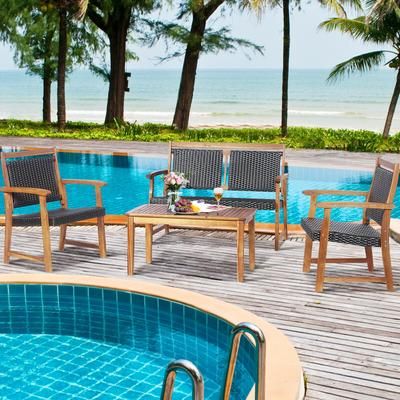 4 Piece Outdoor Patio Rattan Furniture Sofa Set With Acacia Wood Frame, Durable & Stylish 4 Piece Outdoor Patio Rattan Furniture Sofa Set With Acacia Wood Frame, Durable & Stylish