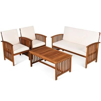 Outdoor Patio Solid Wood Furniture Set With Water Resistant Cushions, Acacia Wood Lounge Chairs, Loveseat & Table Outdoor Patio Solid Wood Furniture Set With Water Resistant Cushions, Acacia Wood Lounge Chairs, Loveseat & Table