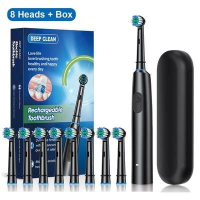 Electric Toothbrush With Rotating Brush Head, Rechargeable Rotary Toothbrush For Adults With Modes & Longer Battery Life black 8 Heads