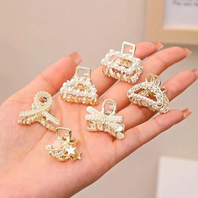 Small Rhinestone Pearls Geometric Metal Hair Claws For Women, Mini Hair Clips, Hairpins, Sweet Hair Accessories Set 6pcs