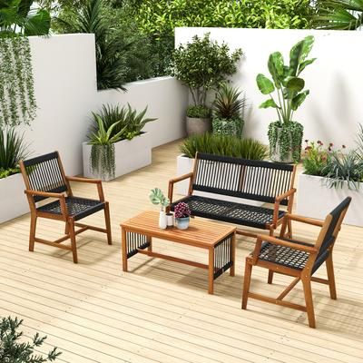 4 Piece Acacia Wood Patio Conversation Set, Hand Woven Rope Chairs, Loveseat & Coffee Table For Outdoor Relaxation 4 Piece Acacia Wood Patio Conversation Set, Hand Woven Rope Chairs, Loveseat & Coffee Table For Outdoor Relaxation