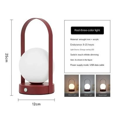 Portable Cordless Table Lamp, Dimmable Wireless Rechargeable LED Lantern, Hanging Metal Bedside Lamp For Bedroom red