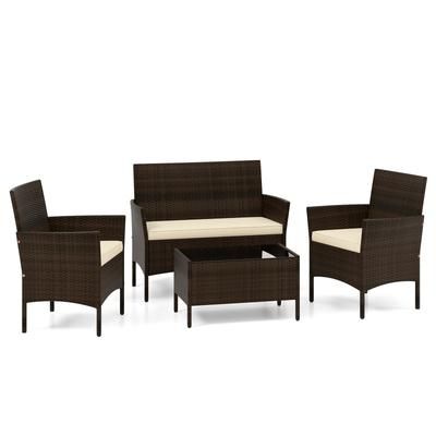 Outdoor Patio Rattan Conversation Set With Cushions, Comfortable Wicker Loveseat, Chairs & Coffee Table For Garden Outdoor Patio Rattan Conversation Set With Cushions, Comfortable Wicker Loveseat, Chairs & Coffee Table For Garden