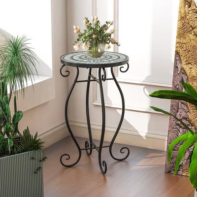 Small Plant Stand With Weather Resistant Ceramic Tile Tabletop, Outdoor Mosaic Side Table For Patio, Balcony, Garden Small Plant Stand With Weather Resistant Ceramic Tile Tabletop, Outdoor Mosaic Side Table For Patio, Balcony, Garden