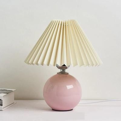 Vintage Pleated Table Lamp With Ceramic Base And LED Tricolor Bulb uk pink beige