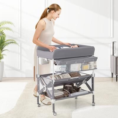 Portable Baby Changing Table With Wheels & Large Storage Rack, Adjustable Height Portable Baby Changing Table With Wheels & Large Storage Rack, Adjustable Height