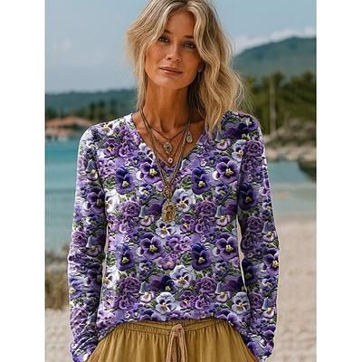 Maglietta donna manica lunga floreale grafica piante vintage elegante casual maniche lunghe scollo a V top regolari quotidiani stampa bianca verde chiaro rosa viola marrone primavera autunno