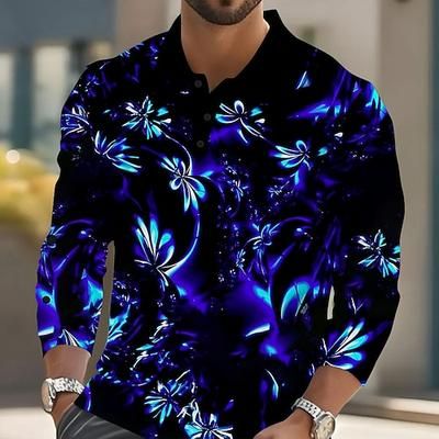 Per uomo Piante Fluorescente Polo Manica Lunga Magliette polo Bavero Casual Streetwear Athleisure Abbigliamento quotidiano Stampa 3D Bottoni Primavera Autunno Inverno Blu Viola Verde