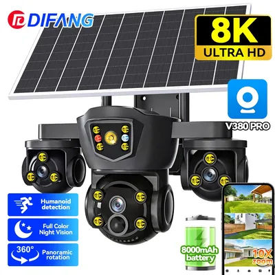 DIFANG V380 Pro WiFi Wireless Solar Camera Three Screen Outdoor 4G Sim Card Solar CCTV Three Lens Battery Solar Security Camera