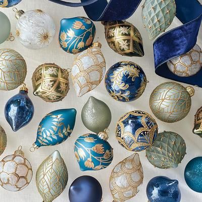 Set of 6 Moonlit Merriment Ornament Collection - Hand Painted Floral Ornaments - Frontgate