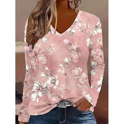 Pasqua Per donna Maglietta Floreale Grafico Piante Vintage Elegante Classico Manica Lunga Scollo a V Top Regolari Quotidiano Stampato Rosa Primavera Autunno Inverno